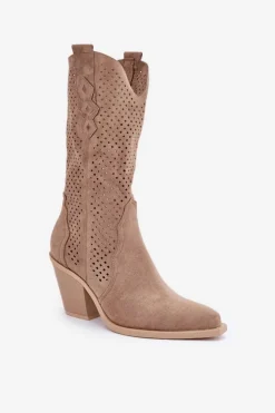 Outlet Boto Ażurowe Botki Kowbojki Na Słupku Ciemnobeżowe Salive