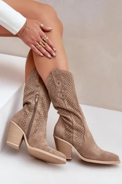 Outlet Boto Ażurowe Botki Kowbojki Na Słupku Ciemnobeżowe Salive