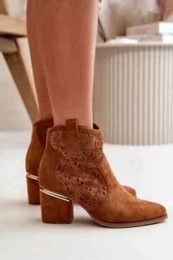 Damskie Boto Ażurowe Botki Kowbojki Na Słupku Zapinane Na Zamek Camel Vosilara