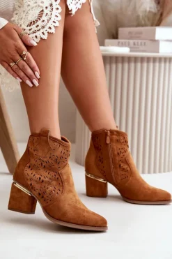 Damskie Boto Ażurowe Botki Kowbojki Na Słupku Zapinane Na Zamek Camel Vosilara