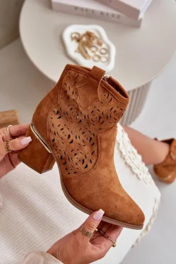 Damskie Boto Ażurowe Botki Kowbojki Na Słupku Zapinane Na Zamek Camel Vosilara