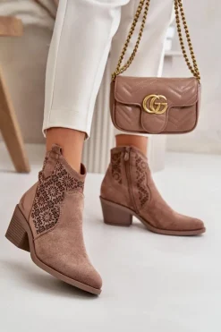 Damskie Damskie buty S.Barski Ażurowe Botki Kowbojki Na Zamek Eko Zamszowe Brązowe S.Barski HY42-944