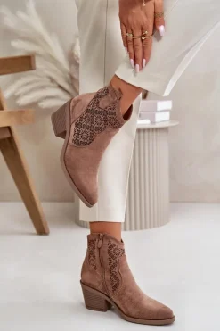 Damskie Damskie buty S.Barski Ażurowe Botki Kowbojki Na Zamek Eko Zamszowe Brązowe S.Barski HY42-944