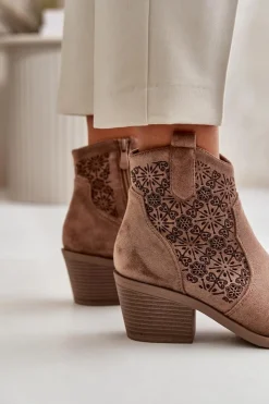 Damskie Damskie buty S.Barski Ażurowe Botki Kowbojki Na Zamek Eko Zamszowe Brązowe S.Barski HY42-944