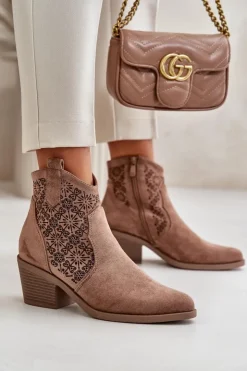 Damskie Damskie buty S.Barski Ażurowe Botki Kowbojki Na Zamek Eko Zamszowe Brązowe S.Barski HY42-944