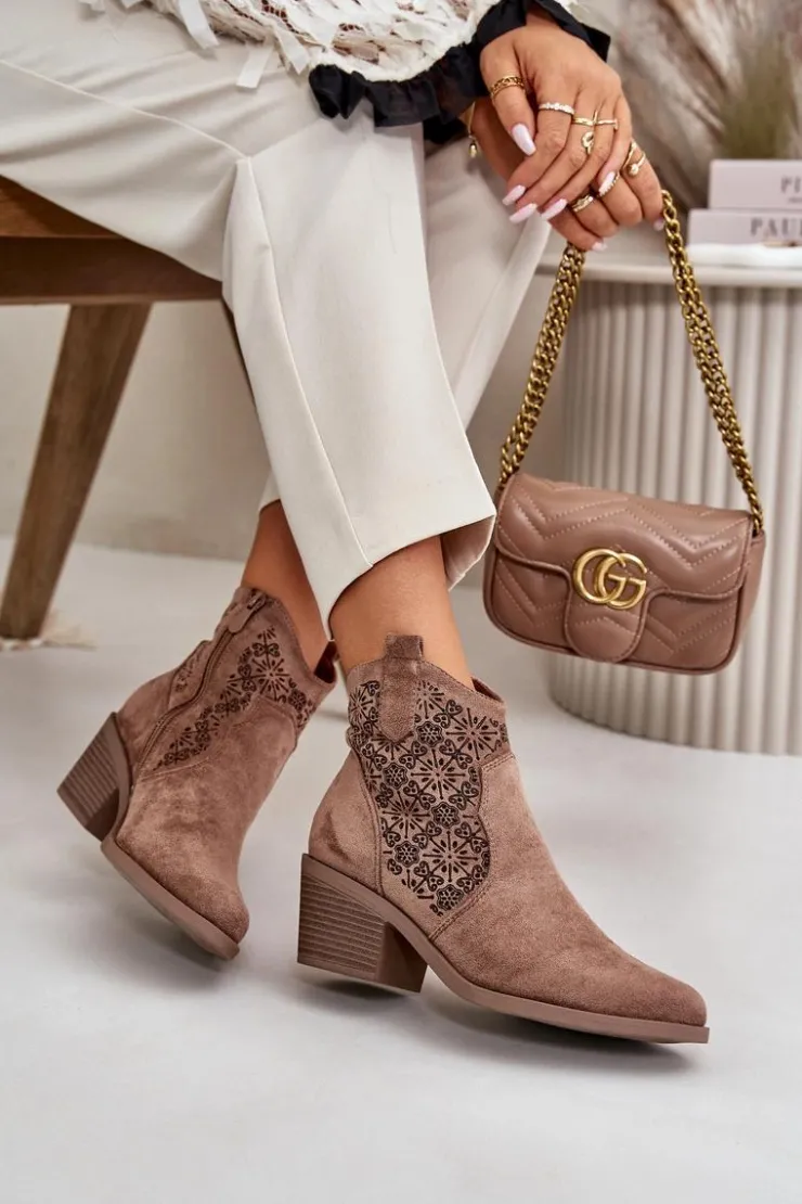 Damskie Damskie buty S.Barski Ażurowe Botki Kowbojki Na Zamek Eko Zamszowe Brązowe S.Barski HY42-944