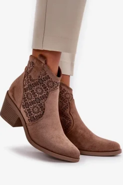 Damskie Damskie buty S.Barski Ażurowe Botki Kowbojki Na Zamek Eko Zamszowe Brązowe S.Barski HY42-944