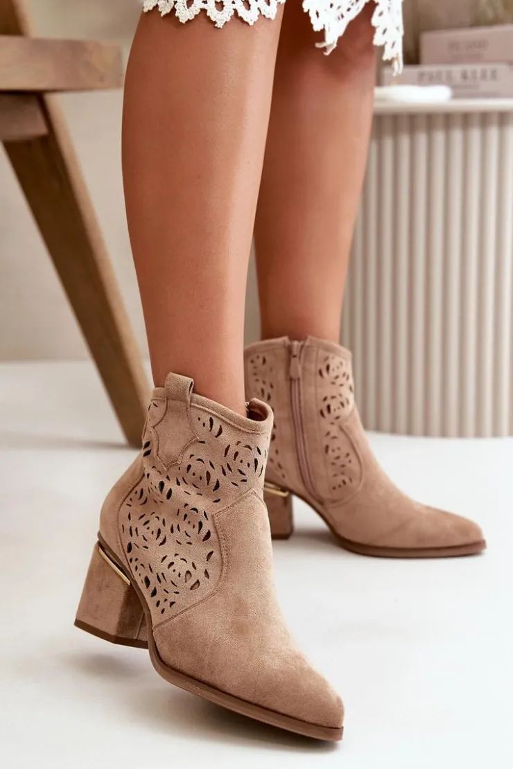 Boto Botki Na Słupku|Botki Ażurowe*Ażurowe Botki Kowbojki Na Słupku Zapinane Na Zamek Brązowe Vosilara