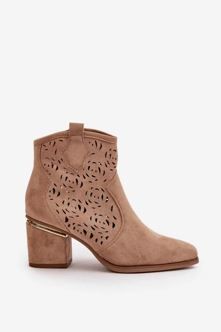 Boto Botki Na Słupku|Botki Ażurowe*Ażurowe Botki Kowbojki Na Słupku Zapinane Na Zamek Brązowe Vosilara