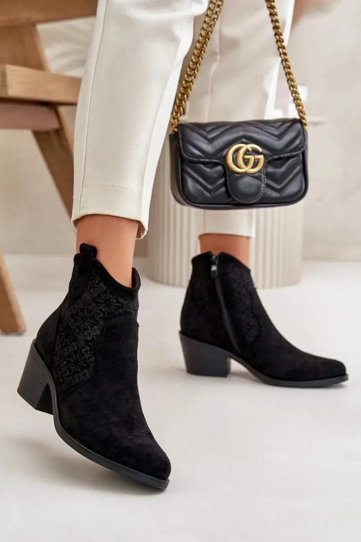 Damskie Damskie buty S.Barski Ażurowe Botki Kowbojki Na Zamek Eko Zamszowe Czarne S.Barski HY42-944