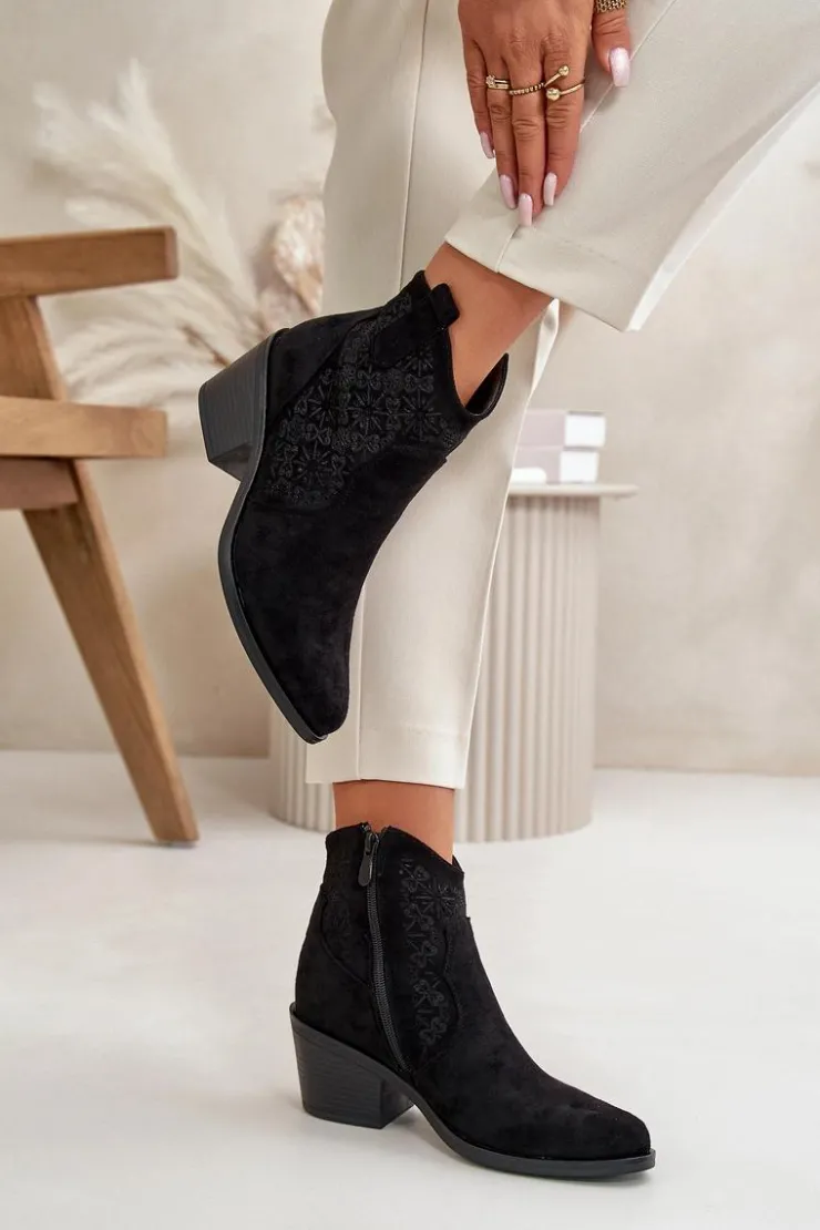 Damskie Damskie buty S.Barski Ażurowe Botki Kowbojki Na Zamek Eko Zamszowe Czarne S.Barski HY42-944