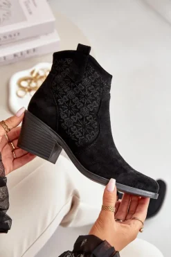 Damskie Damskie buty S.Barski Ażurowe Botki Kowbojki Na Zamek Eko Zamszowe Czarne S.Barski HY42-944