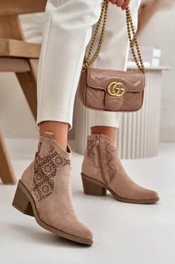 Damskie buty S.Barski Botki Skórzane|Botki Na Słupku*Ażurowe Botki Kowbojki Na Zamek Eko Zamszowe Beżowe S.Barski HY42-944