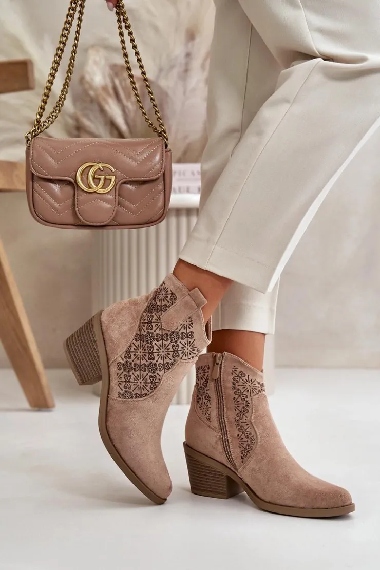 Damskie buty S.Barski Botki Skórzane|Botki Na Słupku*Ażurowe Botki Kowbojki Na Zamek Eko Zamszowe Beżowe S.Barski HY42-944