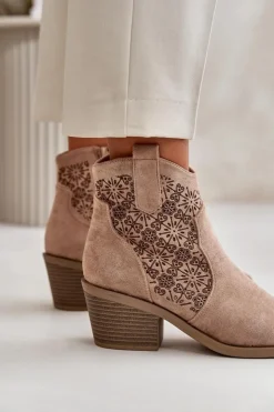 Damskie buty S.Barski Botki Skórzane|Botki Na Słupku*Ażurowe Botki Kowbojki Na Zamek Eko Zamszowe Beżowe S.Barski HY42-944
