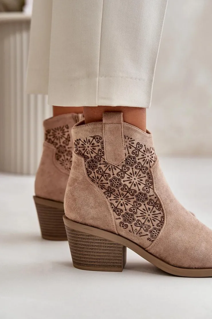 Damskie buty S.Barski Botki Skórzane|Botki Na Słupku*Ażurowe Botki Kowbojki Na Zamek Eko Zamszowe Beżowe S.Barski HY42-944