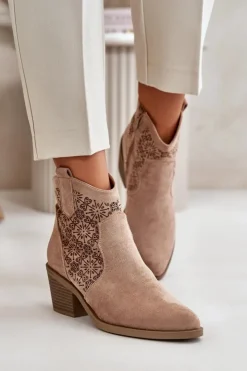 Damskie buty S.Barski Botki Skórzane|Botki Na Słupku*Ażurowe Botki Kowbojki Na Zamek Eko Zamszowe Beżowe S.Barski HY42-944