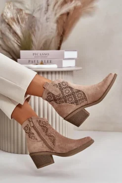 Damskie buty S.Barski Botki Skórzane|Botki Na Słupku*Ażurowe Botki Kowbojki Na Zamek Eko Zamszowe Beżowe S.Barski HY42-944