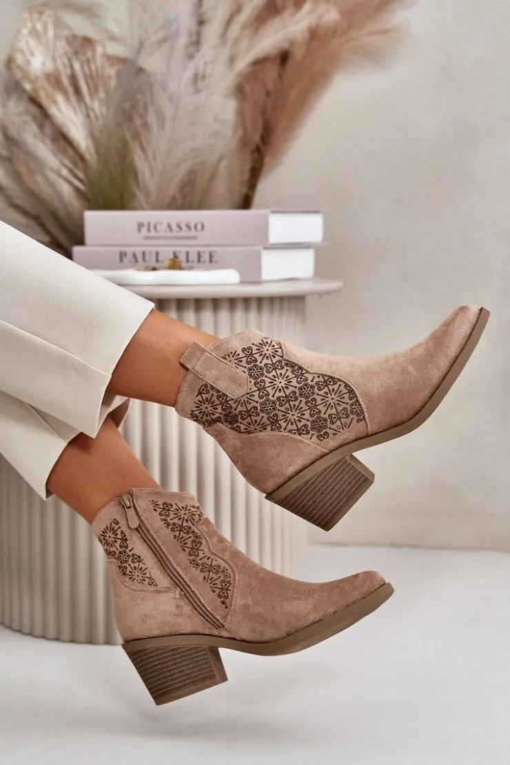 Damskie buty S.Barski Botki Skórzane|Botki Na Słupku*Ażurowe Botki Kowbojki Na Zamek Eko Zamszowe Beżowe S.Barski HY42-944