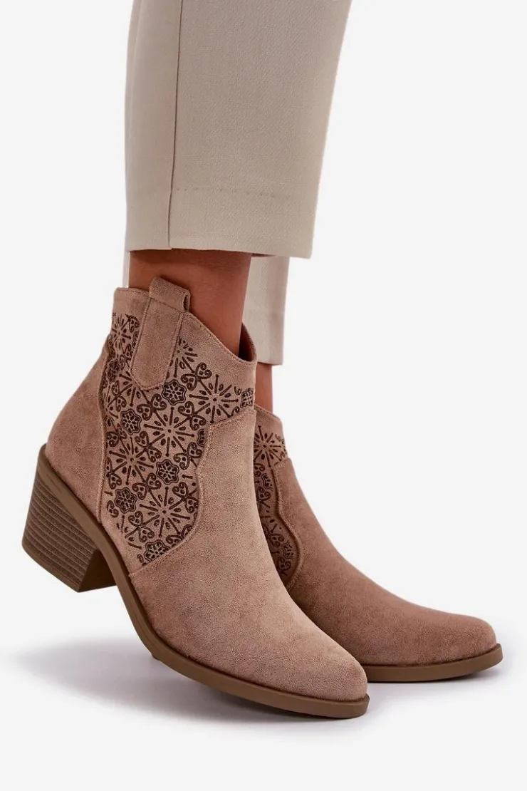 Damskie buty S.Barski Botki Skórzane|Botki Na Słupku*Ażurowe Botki Kowbojki Na Zamek Eko Zamszowe Beżowe S.Barski HY42-944