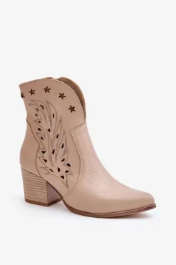 Best Boto Ażurowe Botki Kowbojki Skórzane Na Słupku Lewski 3613 Beżowe