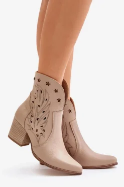 Best Boto Ażurowe Botki Kowbojki Skórzane Na Słupku Lewski 3613 Beżowe