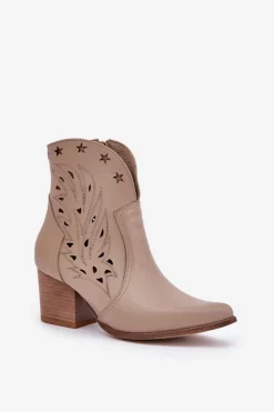 Damskie Boto Ażurowe Botki Kowbojki Skórzane Na Słupku Lewski 3613 Ciemnobeżowe