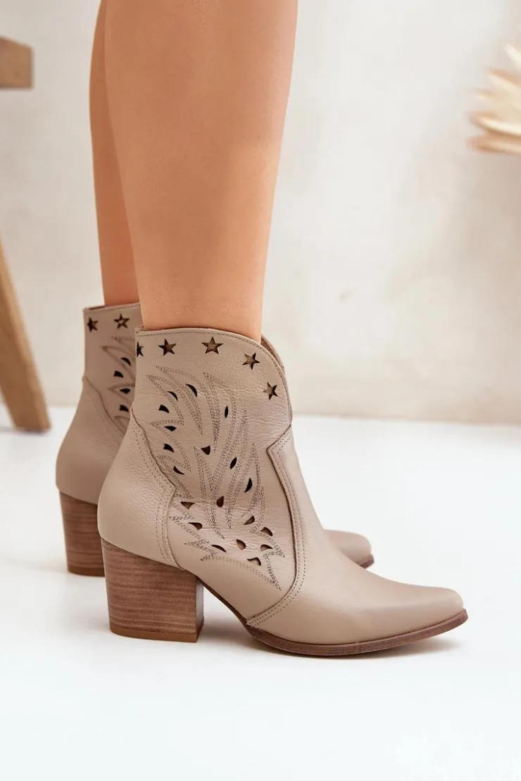 Damskie Boto Ażurowe Botki Kowbojki Skórzane Na Słupku Lewski 3613 Ciemnobeżowe