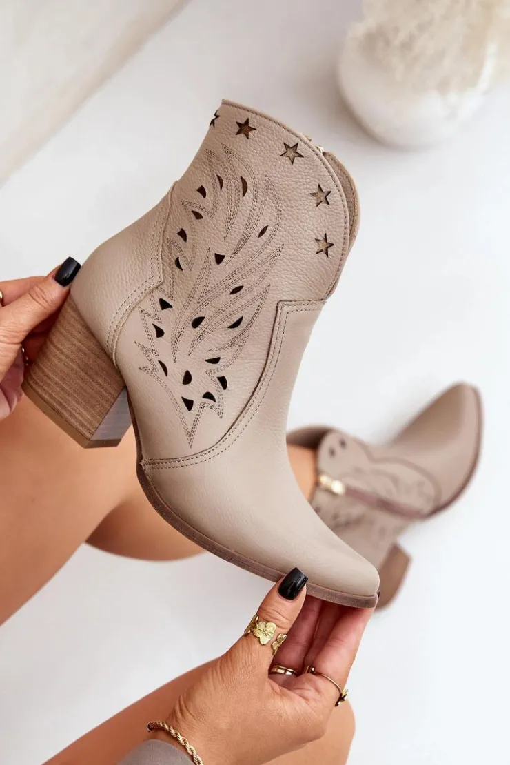 Damskie Boto Ażurowe Botki Kowbojki Skórzane Na Słupku Lewski 3613 Ciemnobeżowe