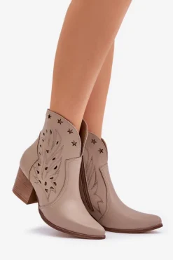 Damskie Boto Ażurowe Botki Kowbojki Skórzane Na Słupku Lewski 3613 Ciemnobeżowe
