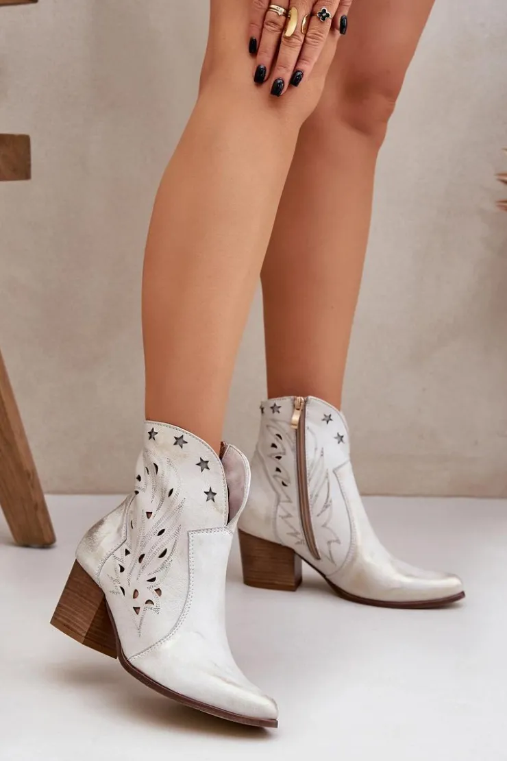 Damskie Boto Ażurowe Botki Kowbojki Skórzane Na Słupku Lewski 3613 Przecierany