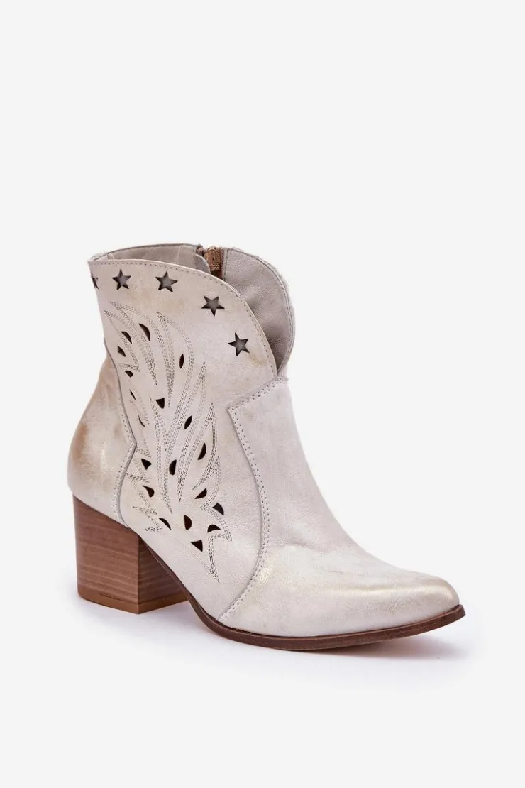 Damskie Boto Ażurowe Botki Kowbojki Skórzane Na Słupku Lewski 3613 Przecierany