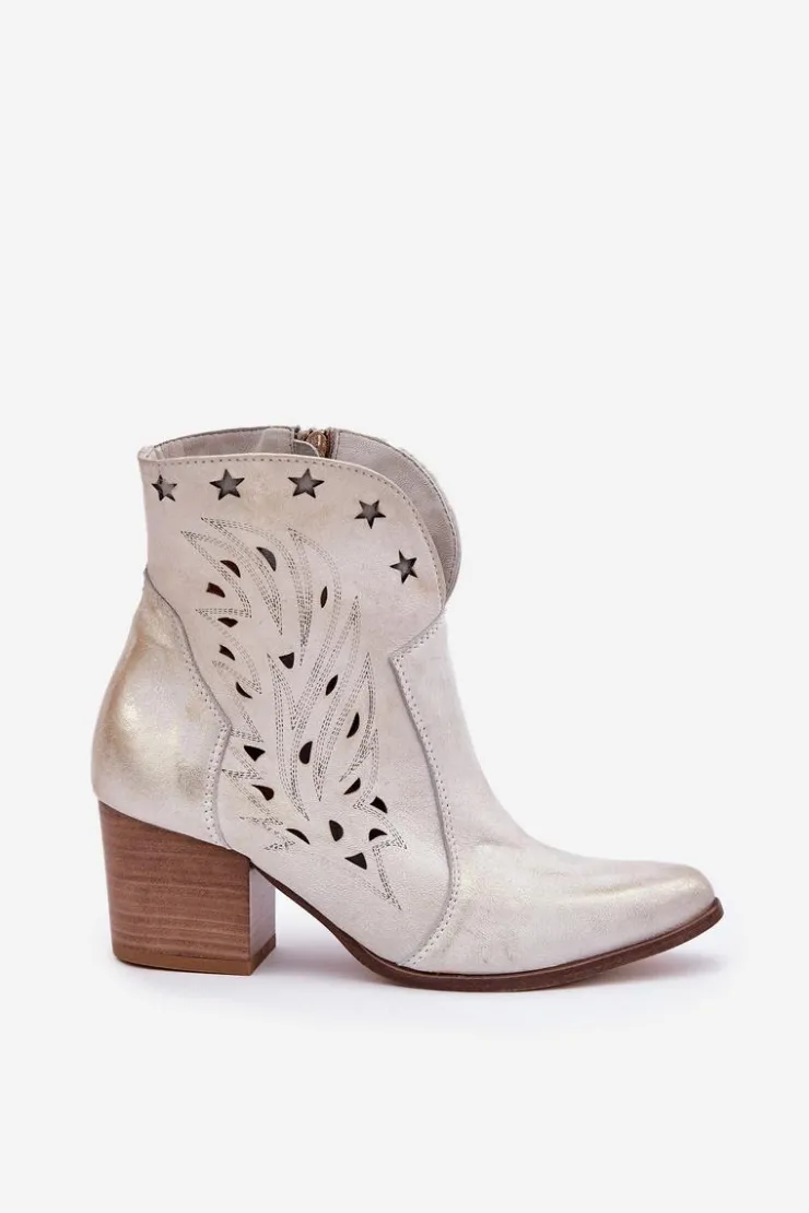 Damskie Boto Ażurowe Botki Kowbojki Skórzane Na Słupku Lewski 3613 Przecierany