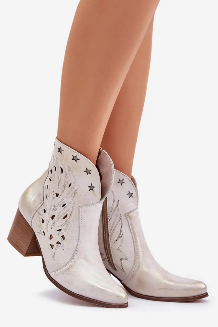 Damskie Boto Ażurowe Botki Kowbojki Skórzane Na Słupku Lewski 3613 Przecierany