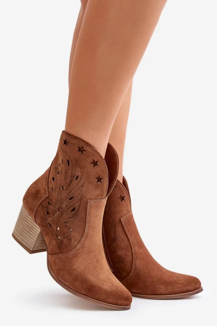 Boto Botki Ażurowe|Brązowe I Beżowe Botki*Ażurowe Botki Kowbojki Zamszowe Na Słupku Lewski 3613 Brązowe