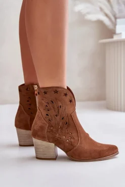 Boto Botki Ażurowe|Brązowe I Beżowe Botki*Ażurowe Botki Kowbojki Zamszowe Na Słupku Lewski 3613 Brązowe