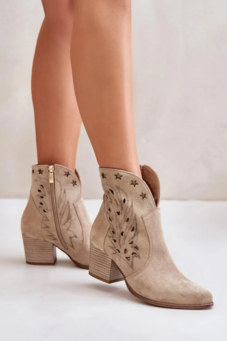 Damskie Boto Ażurowe Botki Kowbojki Zamszowe Na Słupku Lewski 3613 Beżowe