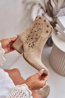 Damskie Boto Ażurowe Botki Kowbojki Zamszowe Na Słupku Lewski 3613 Beżowe