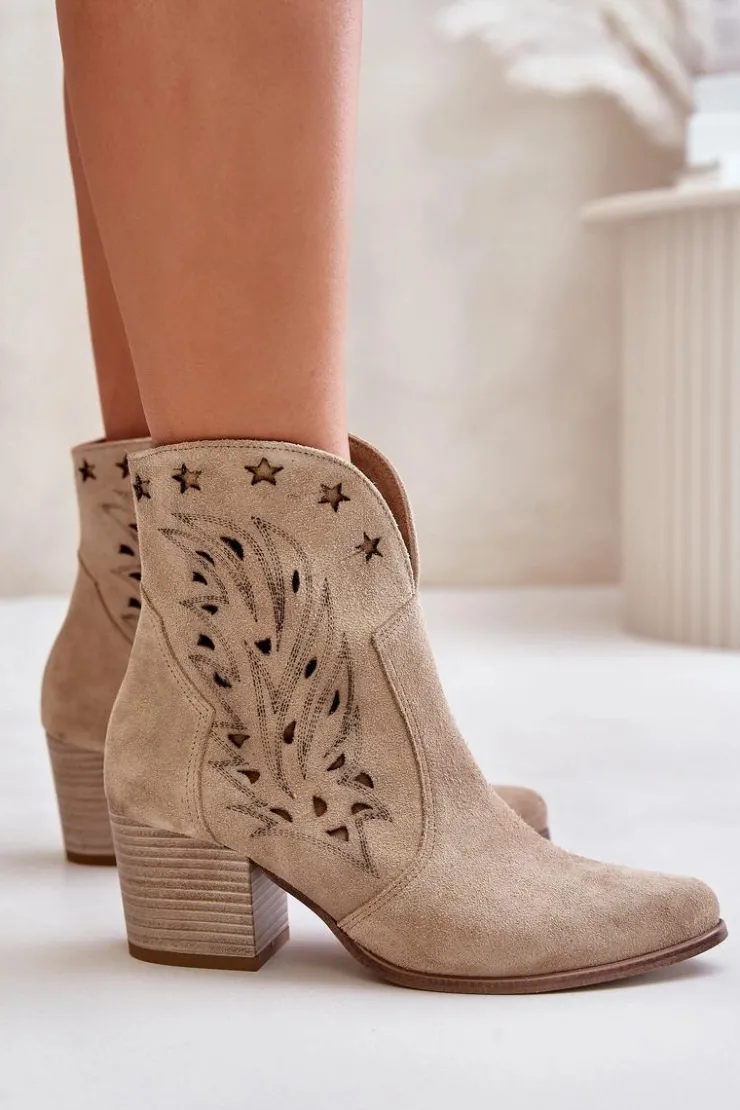 Damskie Boto Ażurowe Botki Kowbojki Zamszowe Na Słupku Lewski 3613 Beżowe