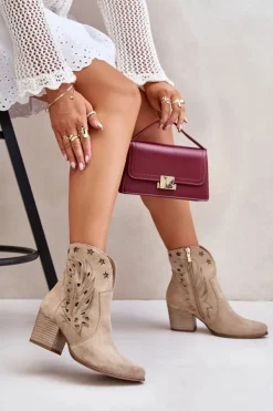 Damskie Boto Ażurowe Botki Kowbojki Zamszowe Na Słupku Lewski 3613 Beżowe