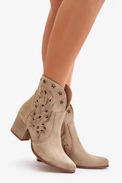 Damskie Boto Ażurowe Botki Kowbojki Zamszowe Na Słupku Lewski 3613 Beżowe