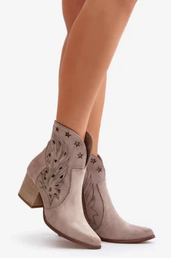 Boto Botki Ażurowe|Brązowe I Beżowe Botki*Ażurowe Botki Kowbojki Zamszowe Na Słupku Lewski 3613 Cappucino