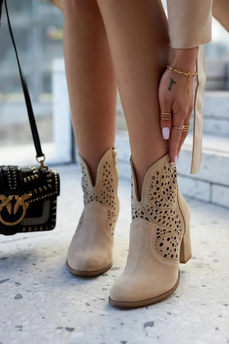 Boto Botki Wiosenne|Botki Na Słupku*Ażurowe Botki Lewski Shoes 3166 Beżowe
