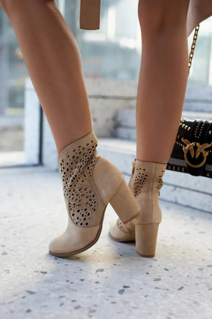 Boto Botki Wiosenne|Botki Na Słupku*Ażurowe Botki Lewski Shoes 3166 Beżowe