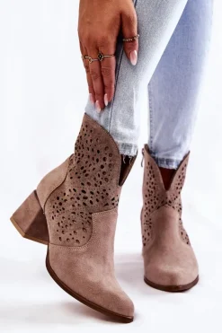 Damskie Boto Ażurowe Botki Lewski Shoes 3166 Cappucino
