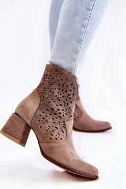 Damskie Boto Ażurowe Botki Lewski Shoes 3166 Cappucino