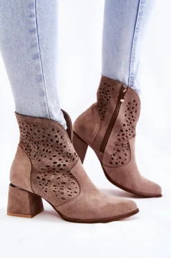 Damskie Boto Ażurowe Botki Lewski Shoes 3166 Cappucino