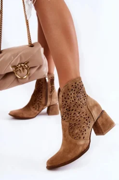 Boto Botki Wiosenne|Botki Na Słupku*Ażurowe Botki Lewski Shoes 3166 Beżowe