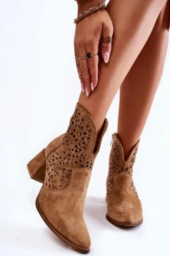 Boto Botki Wiosenne|Botki Na Słupku*Ażurowe Botki Lewski Shoes 3166 Beżowe