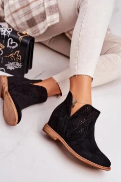 Hot Boto Ażurowe Botki Na Koturnie Czarne Melanie